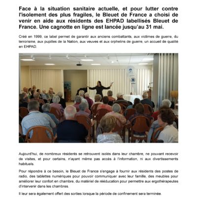 Le Bleuet de France mobilisé pour les EHPAD : Relayez !